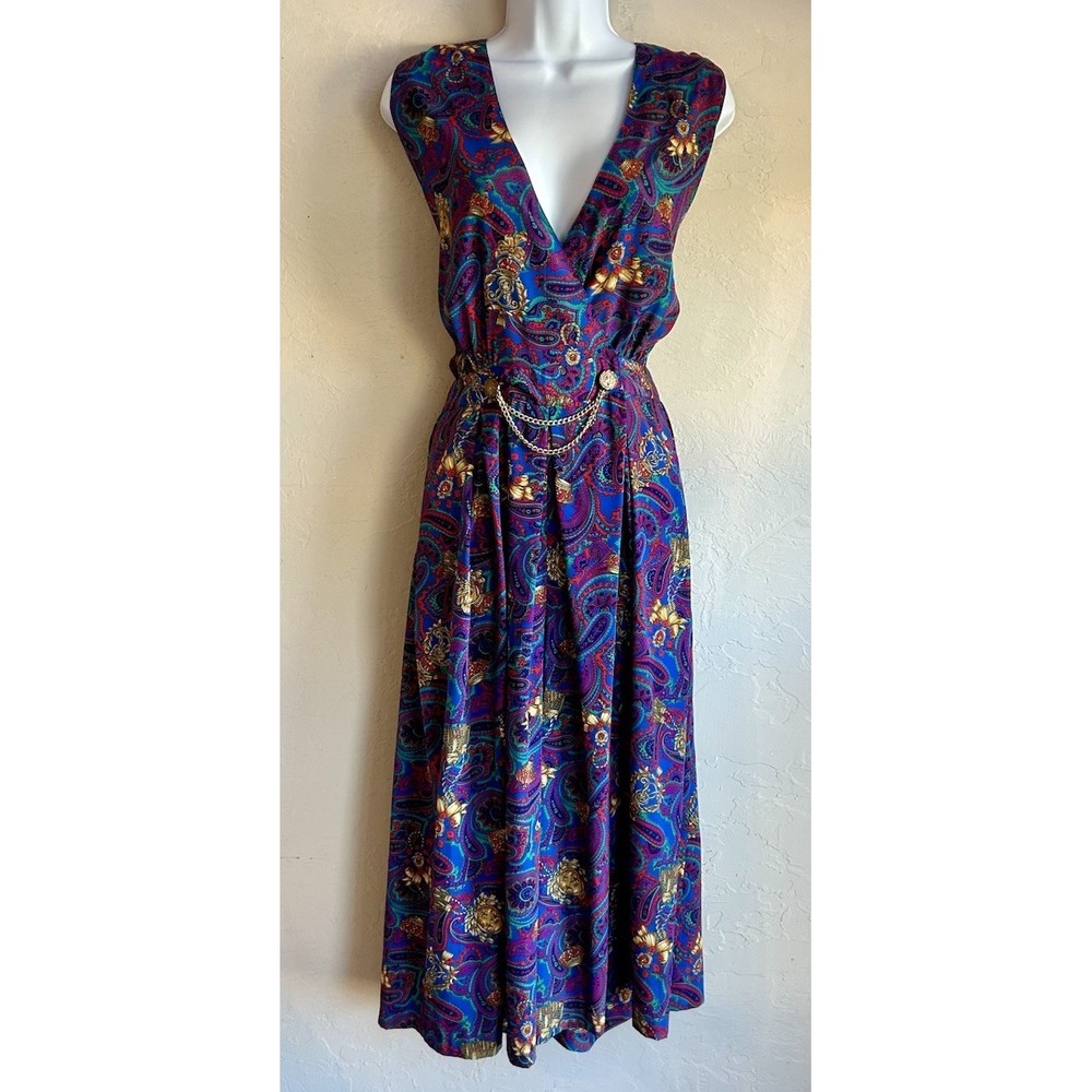 Vintage 80s MS Chaus Paisley Wide Leg Jumpsuit Jewel‎ Tone Gold Chain Waist 12